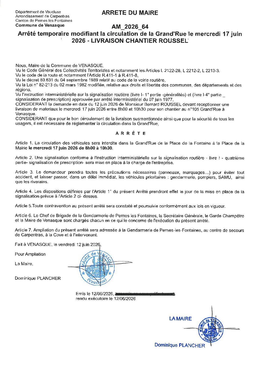 2026-64 Arrêté temporaire modifiant la circulation de la Grand’Rue le mercrredi 17 juin 2026 – LIVRAISON CHANTIER ROUSSEL