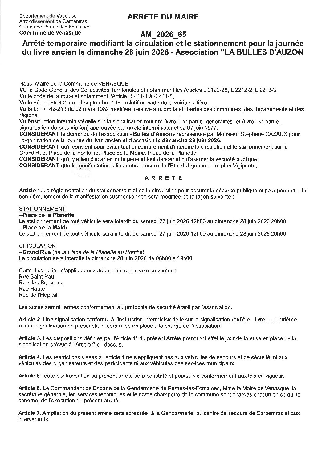 2026-65 Arrêté temporaire modifiant la circulation et le stationnement pour la journée du livre ancien le dimanche 28 juin 2026 – la bulle d’auzon