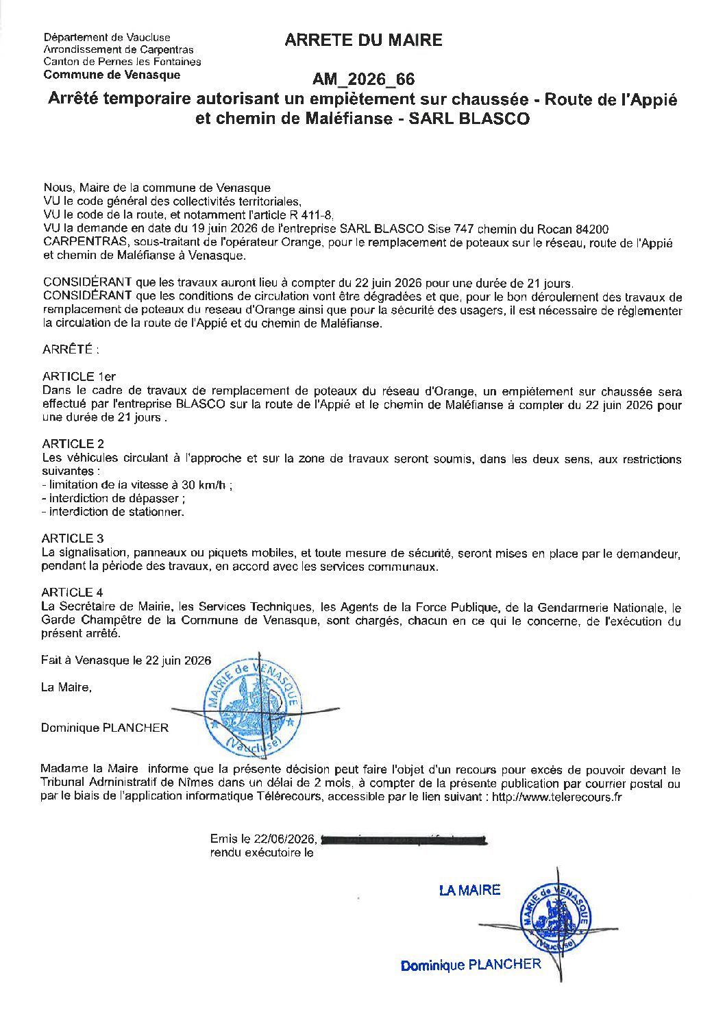2026-66 Arrêté temporaire autorisant un empiètement sur chaussée Rte de l’Appié et chemin de Maléfianse – SARL BLASCO