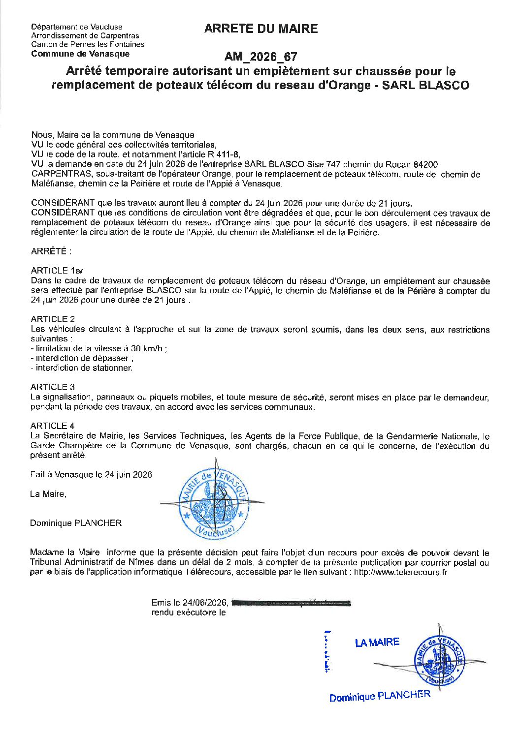 2026-67 Arrêté temporaire autorisant un empiètement sur chaussée – Remplacement de poteaux télécom réseau Orange – SARL BLASCO