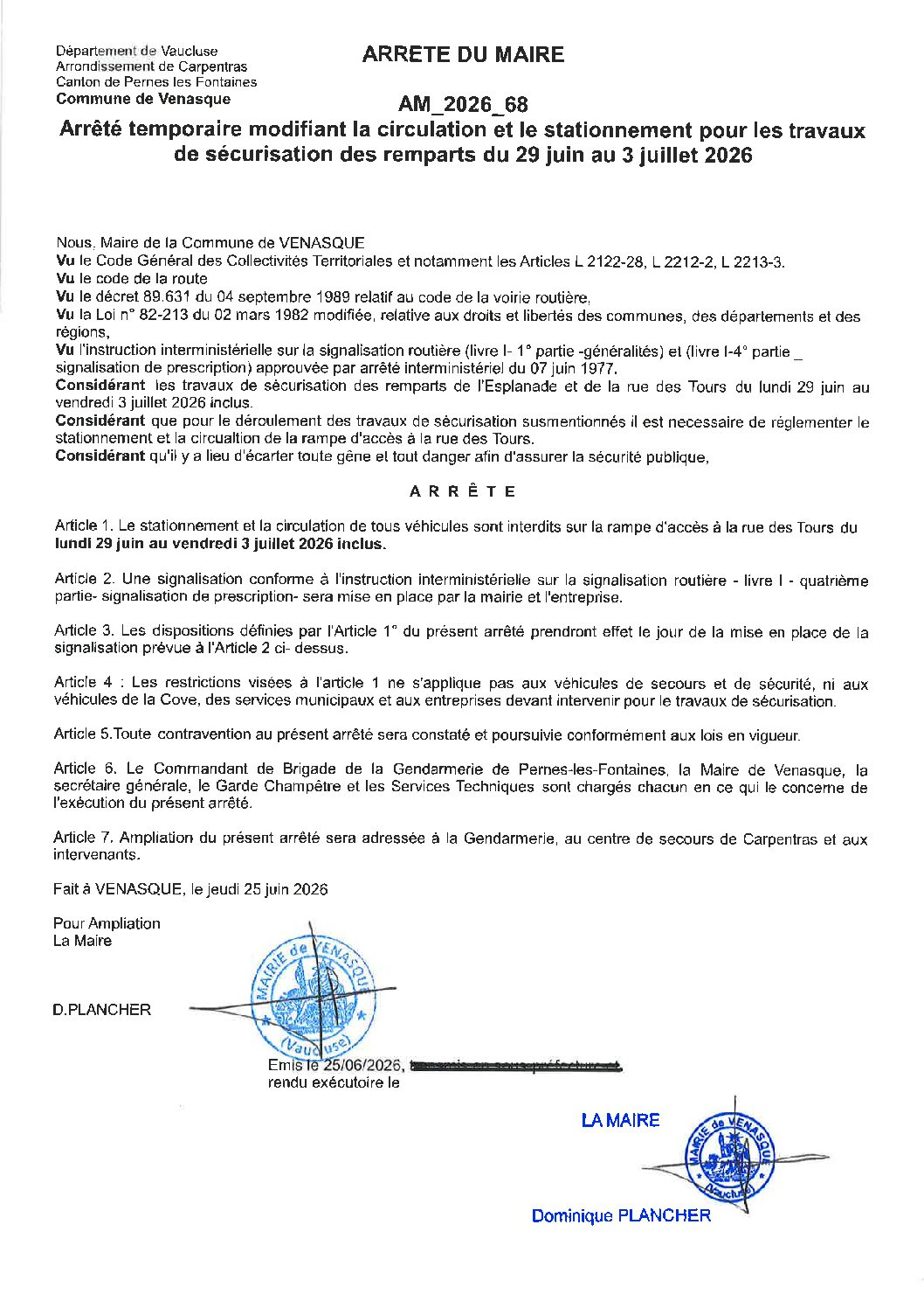 2026-68 Arrêté temporaire modifiant la circulation et le stationnement pour les travaux de sécurisation des remparts du 29 juin au 3 juillet 2026