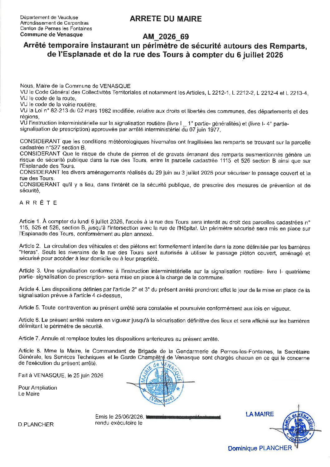 2026-69 Arrêté temporaire instaurant un périmètre de sécurité autour des remparts de l&rsquo;Esplanade et la rue des Tours à compter du 6 juillet 2026