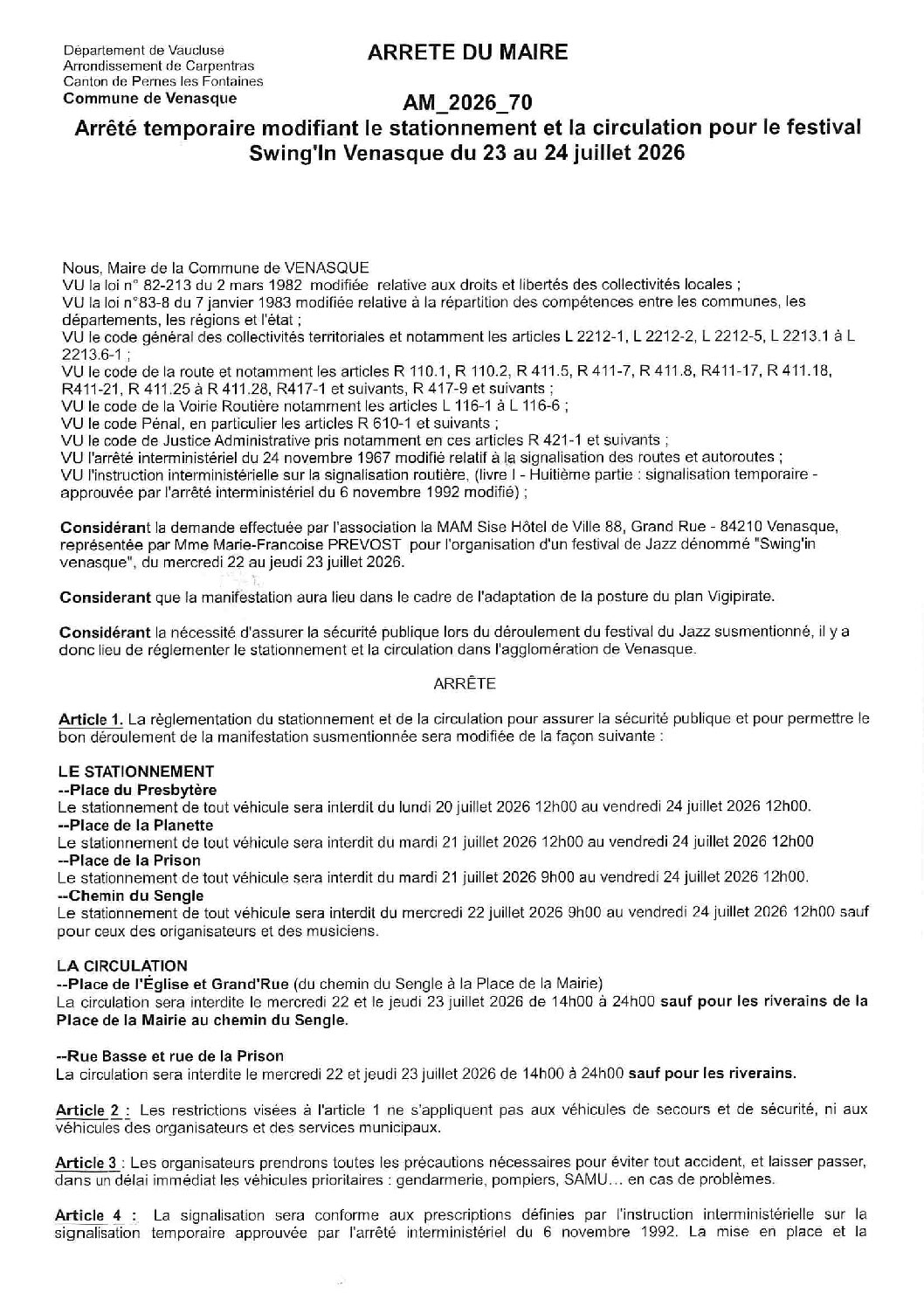 2026-70 Arrêté temporaire modifiant le stationnement et la circulation – Festival Swing&rsquo; In Venasque du 22 et 23 juillet 2026