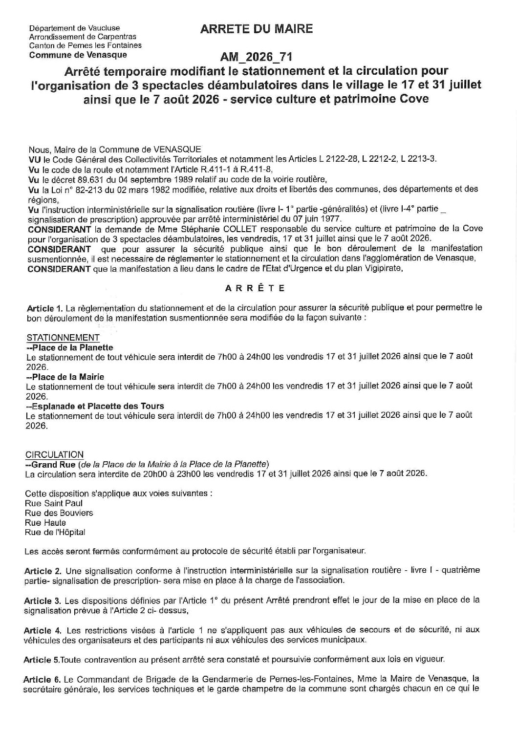 2026-71 Arrêté temporaire modifiant le stationnement et la circulation – spectacles déambulatoires service culturel COVE