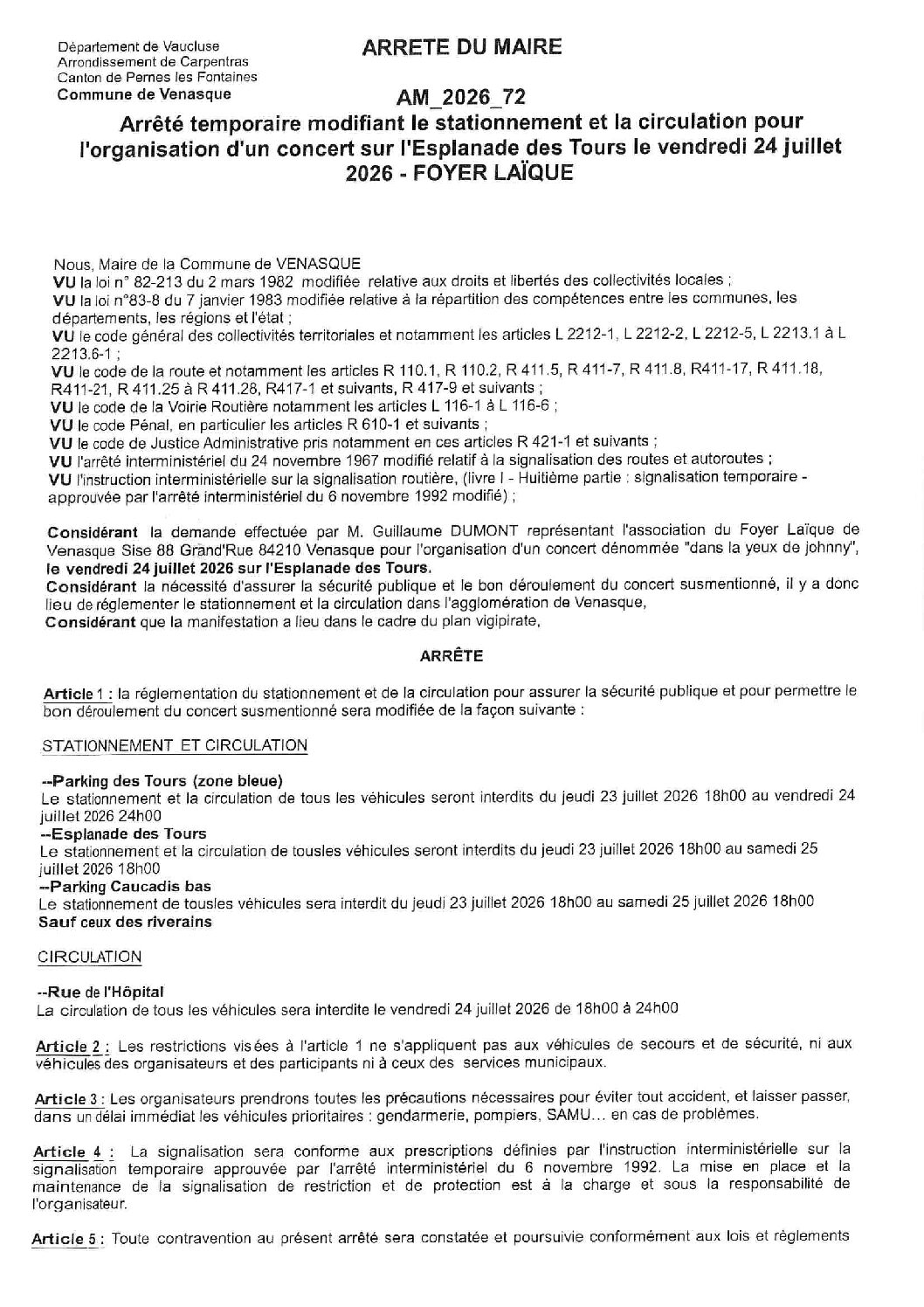 2026-72 Arrêté temporaire modifiant le stationnement et la circulation – concert esplanade des Tours 24 juillet 2026 – FOYER LAÏQUE