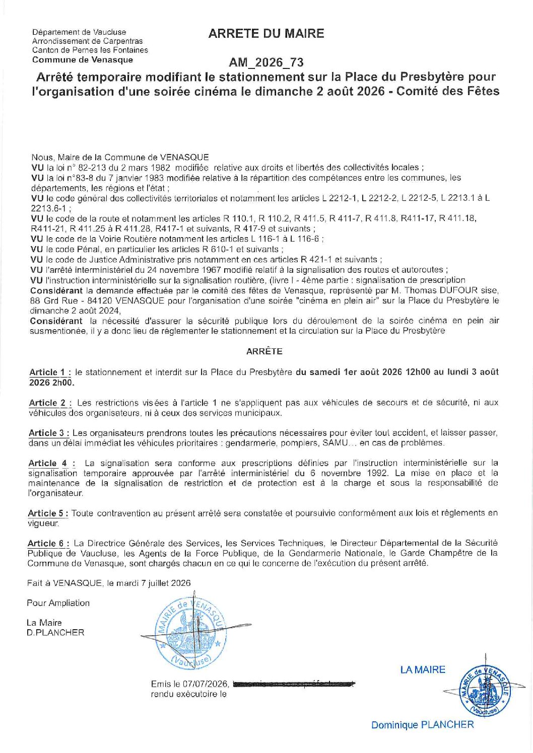 2026-73 Arrêté temporaire modifiant le stationnement sur la Place du Presbytère – soirée cinéma du 2 août 2026 – COMITE DES FETES
