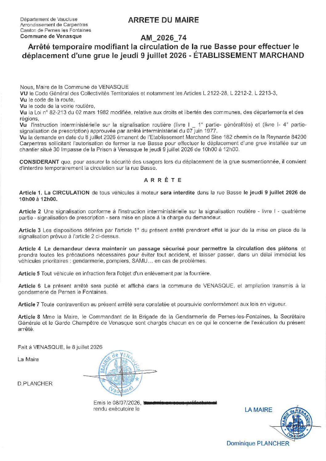 2026-74 Arrêté temporaire modifiant la circulation de la rue Basse le 9 juillet 2026 – Déplacement grue – ETABLISSEMENT MARCHAND