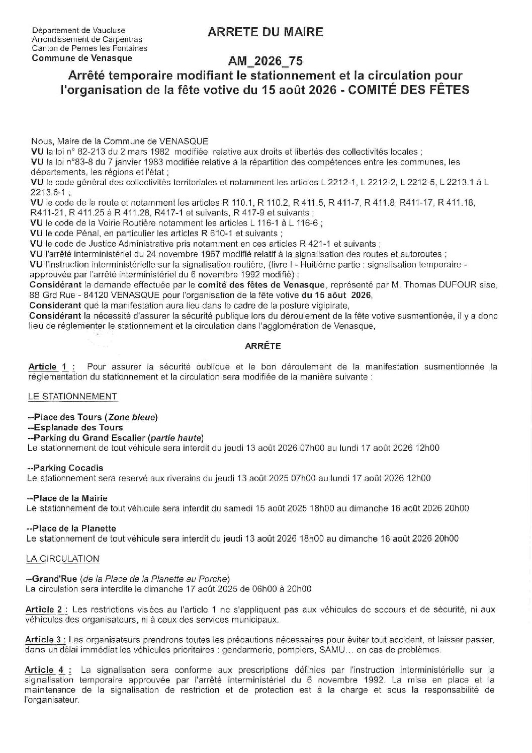 2026-75 Arrêté temporaire modifiant le stationnement et la circulation pour l&rsquo;organisation de la fete votive du 15 août 2026 – COMITE DES FETES