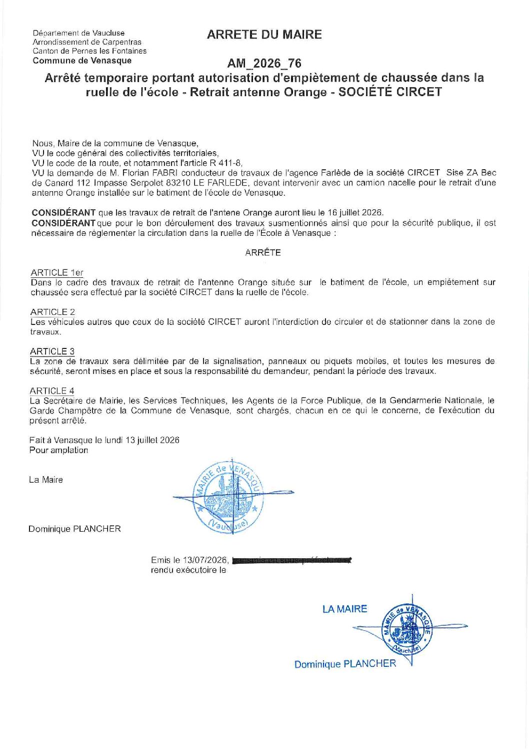 2026-76 Arrêté temporaire portant autorisation d’empiètement de chaussée dans la ruelle de l&rsquo;école – Retrait antenne Orange – SOCIETE CIRCET