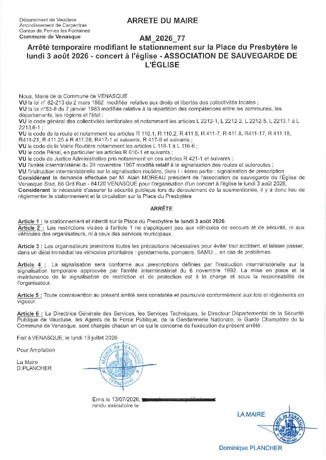2026-77 Arrêté temporaire modifiant le stationnement sur la Place du Presbytère le lundi 3 août 2026 – concert à l&rsquo;église – ASSOCIATION DE SAUVEGARDE DE L&rsquo;ÉGLISE