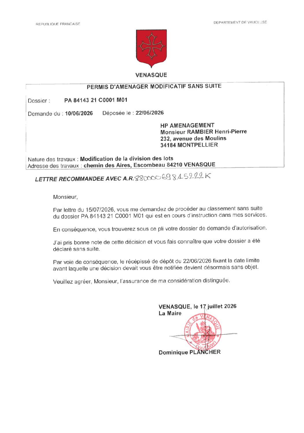Arrêté annulation instruction du dossier PA 084 143 21 C0001 M01