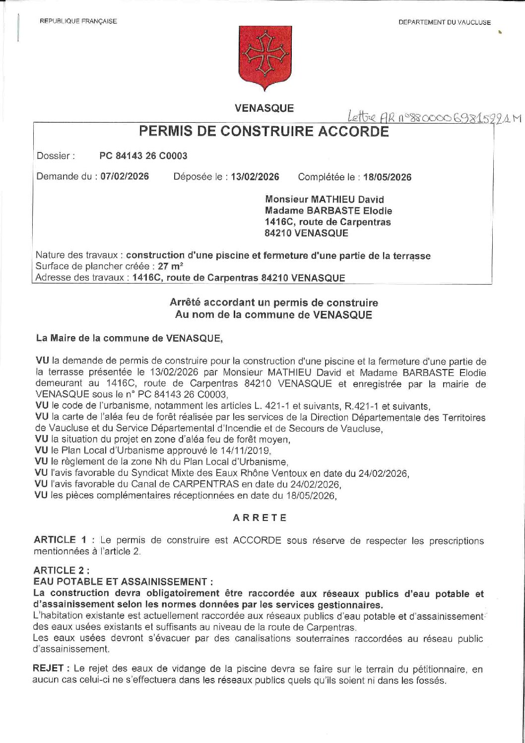 Arrêté de décision accordant le permis de construire PC 084 143 26 C0003