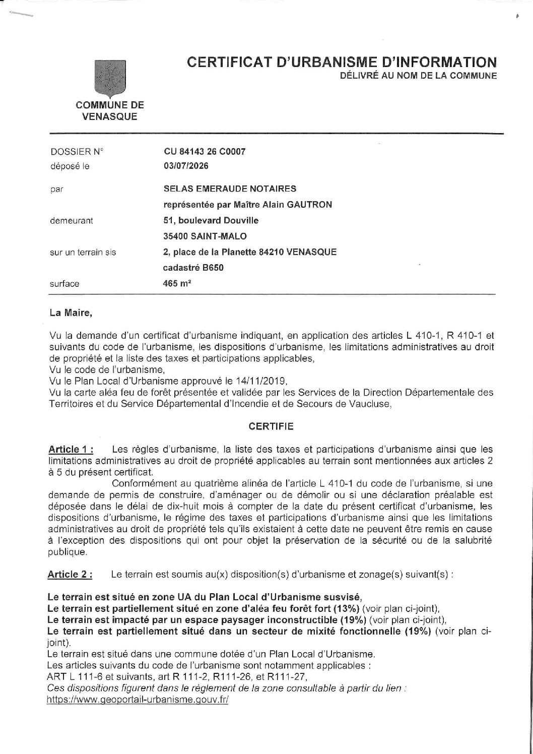 Arrêté de décision d’une demande de Certificat d’Urbanisme d’information n° CU 084 143 26 C0007