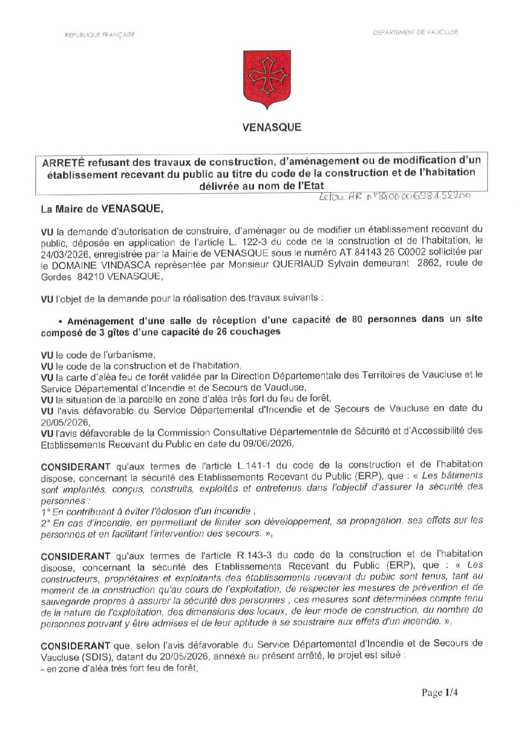 Arrêté de décision refusant la demande AT 084 143 26 C0002