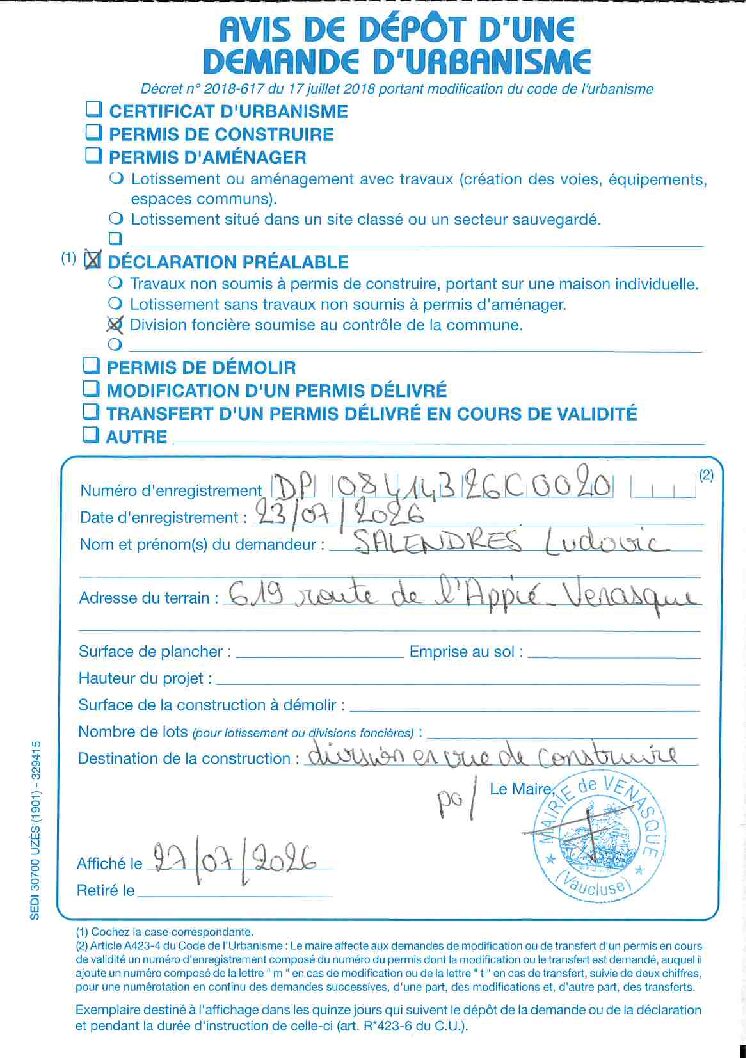 Avis de dépôt d’une demande de Déclaration Préalable n° 084 143 26 C0020