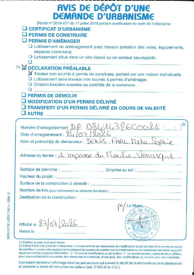 Avis de dépôt d’une demande de Déclaration Préalable n° 084 143 26 C0021