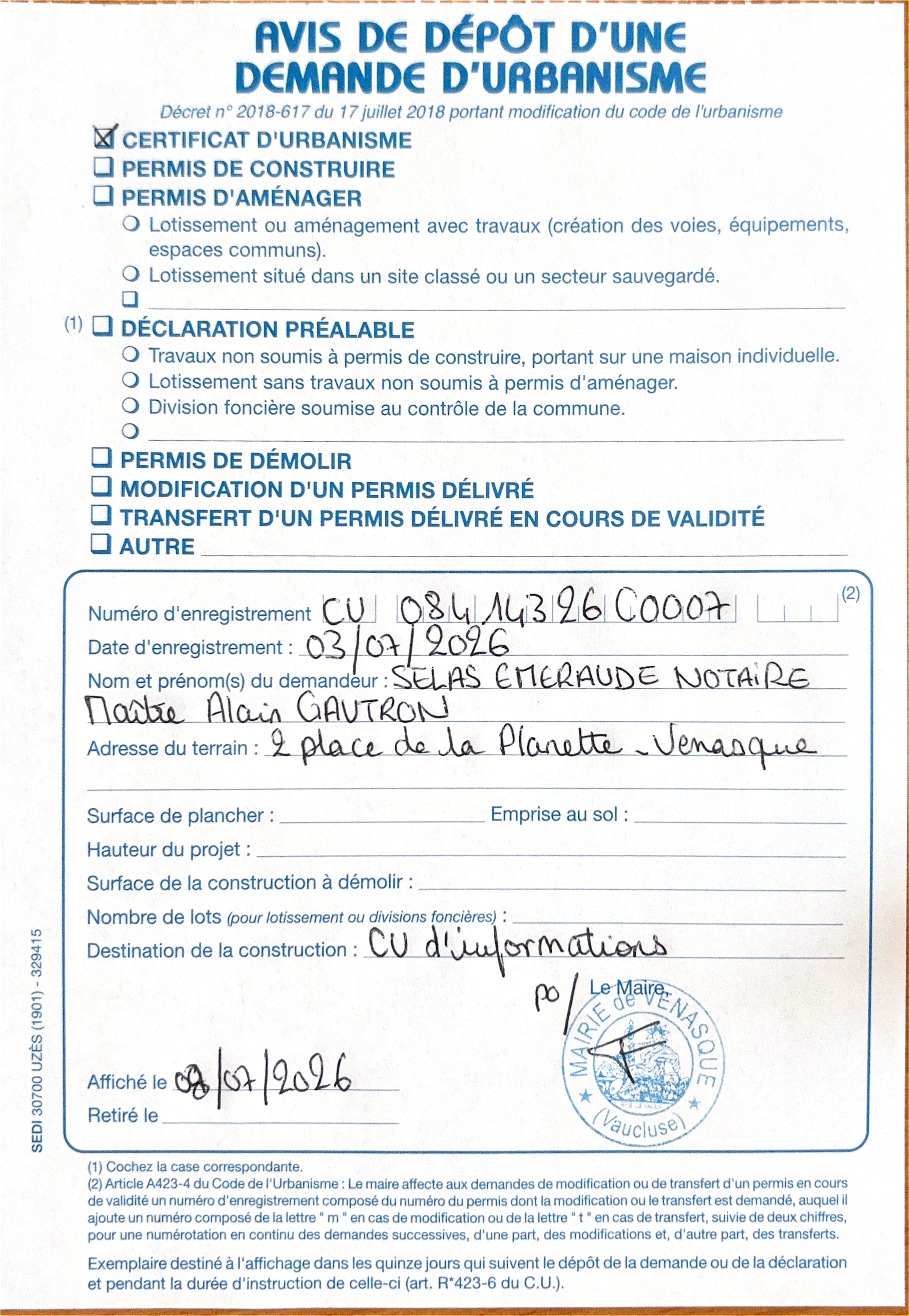 Avis de dépôt d’une demande de certificat d’urbanisme n° 084 143 26 C0007
