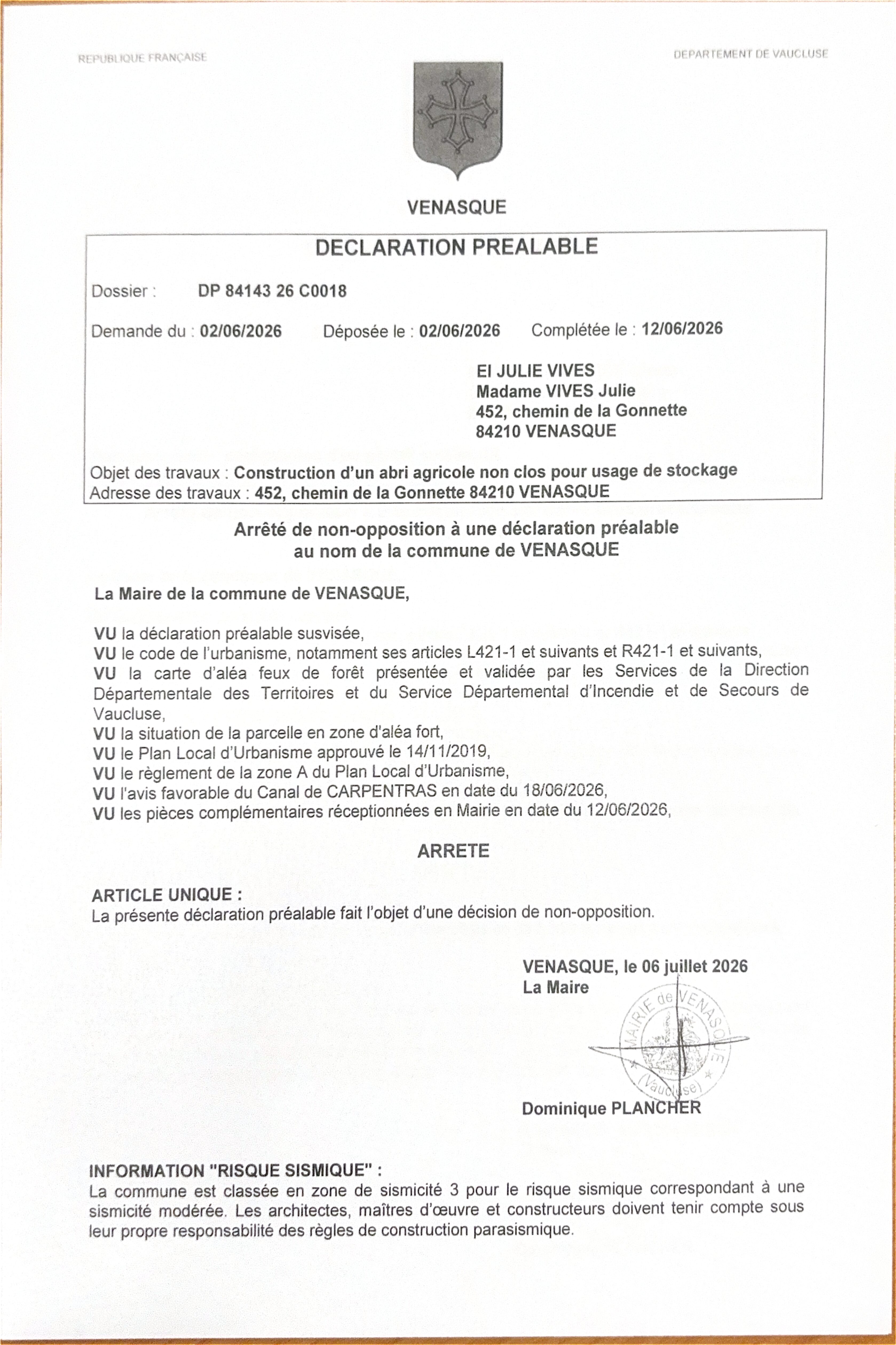Arrêté de décision de non-opposition à la déclaration préalable n° 084 143 26 C0018