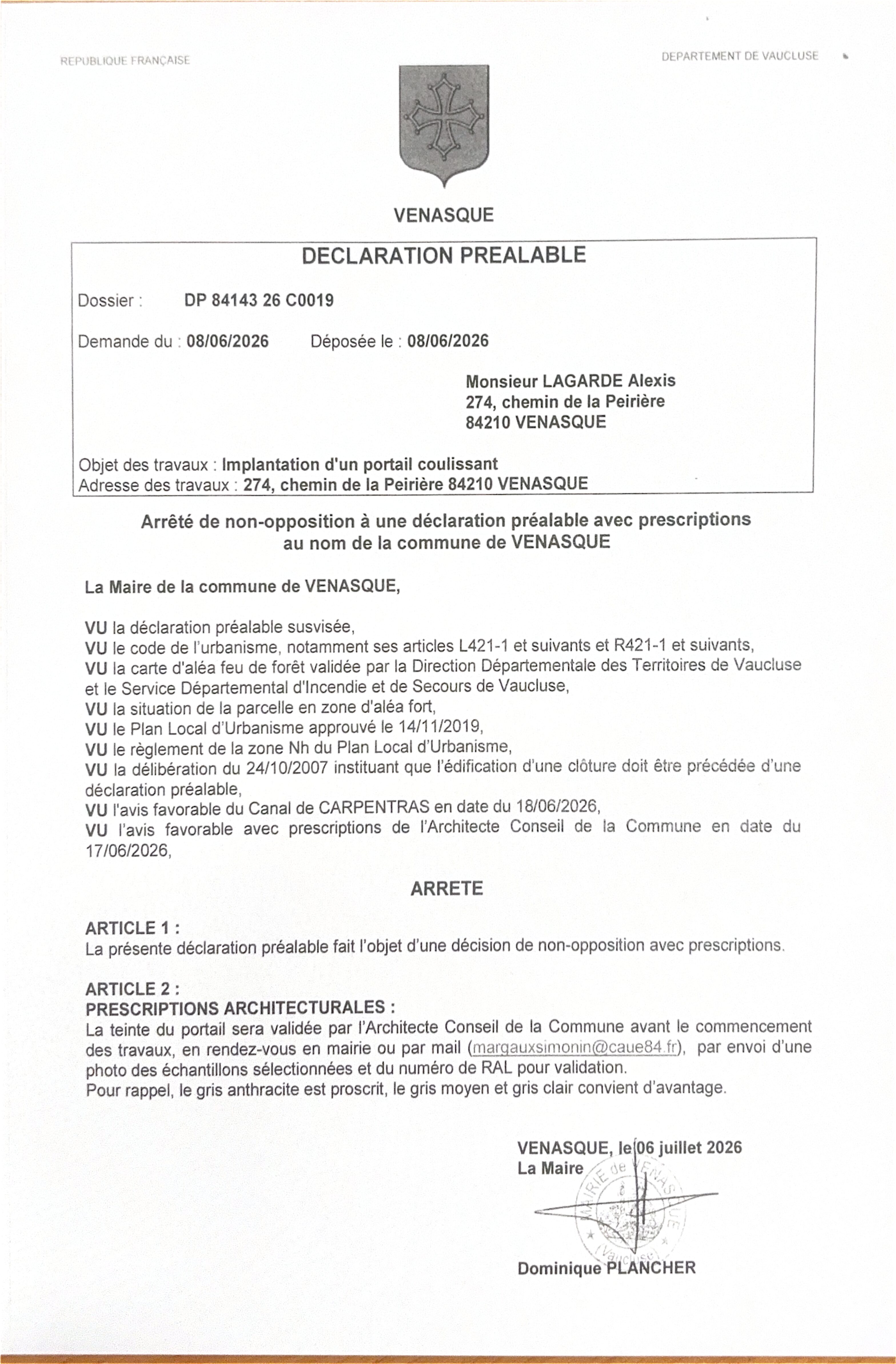 Arrêté de décision de non-opposition à la déclaration préalable n°084 143 26 C0019