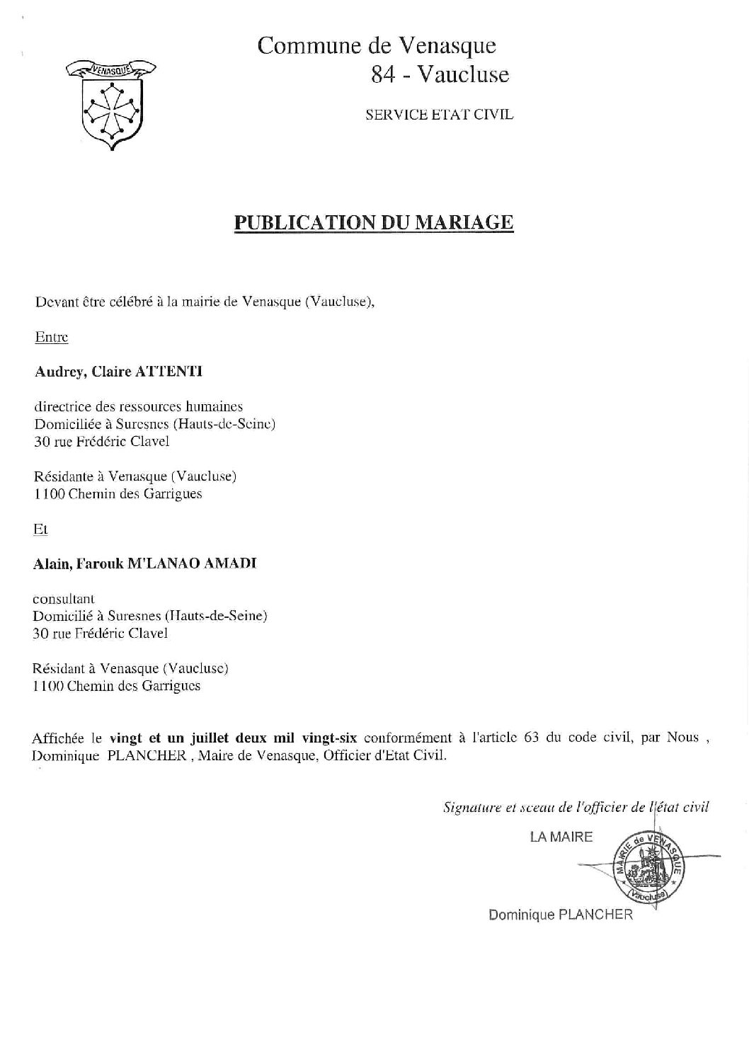 Publication du mariage ATTENTI / M&rsquo;LANAO