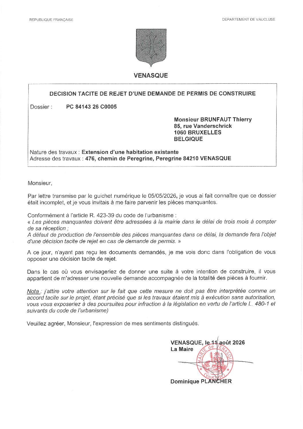 Arrêté de décision tacite de rejet d’une demande de permis de construire n° PC 084 143 26 C0005