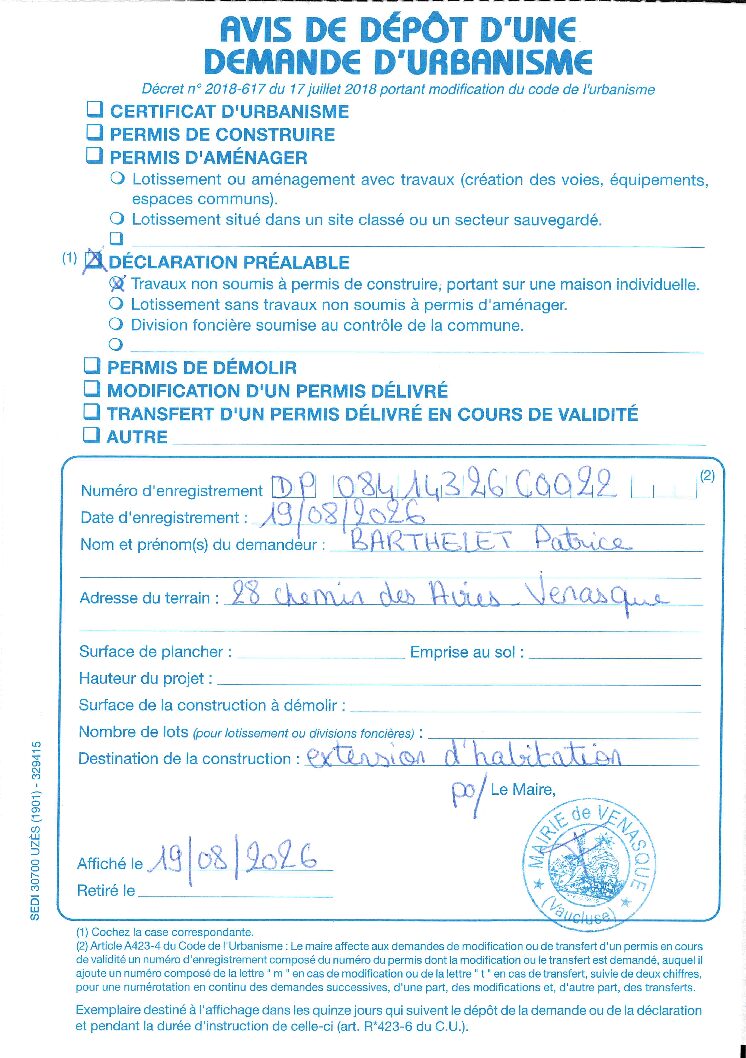 Avis de dépôt d’une demande d’urbanisme Déclaration Préalable n°084 143 26 C0022