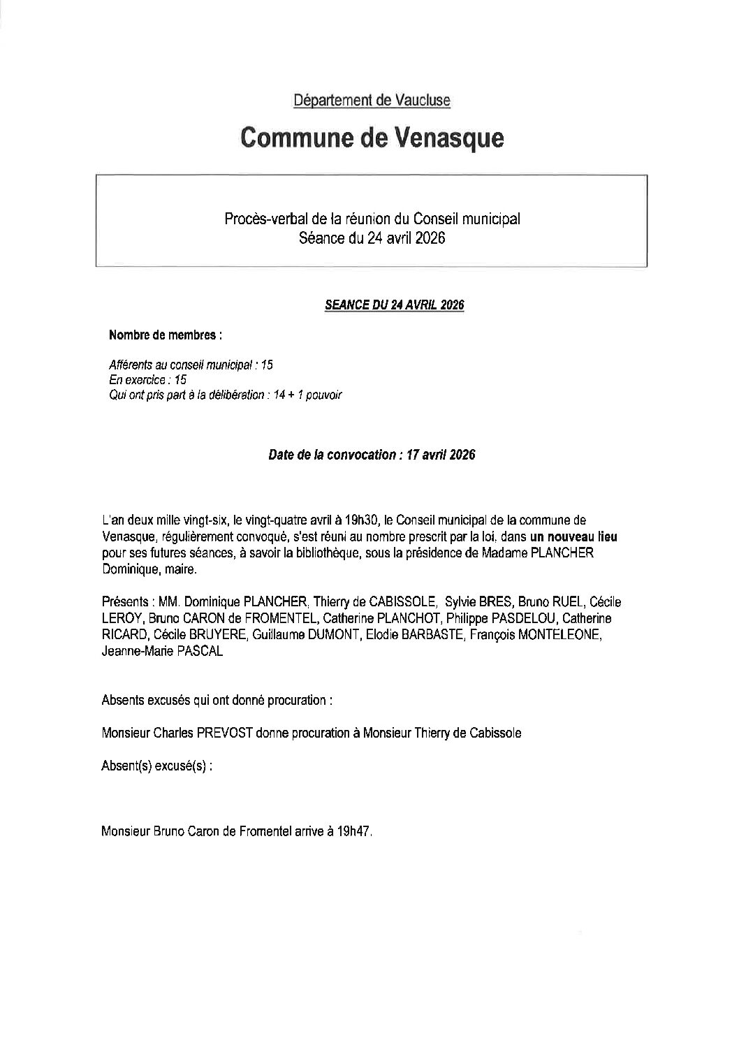 PV du Conseil Municipal du 24 avril 2026