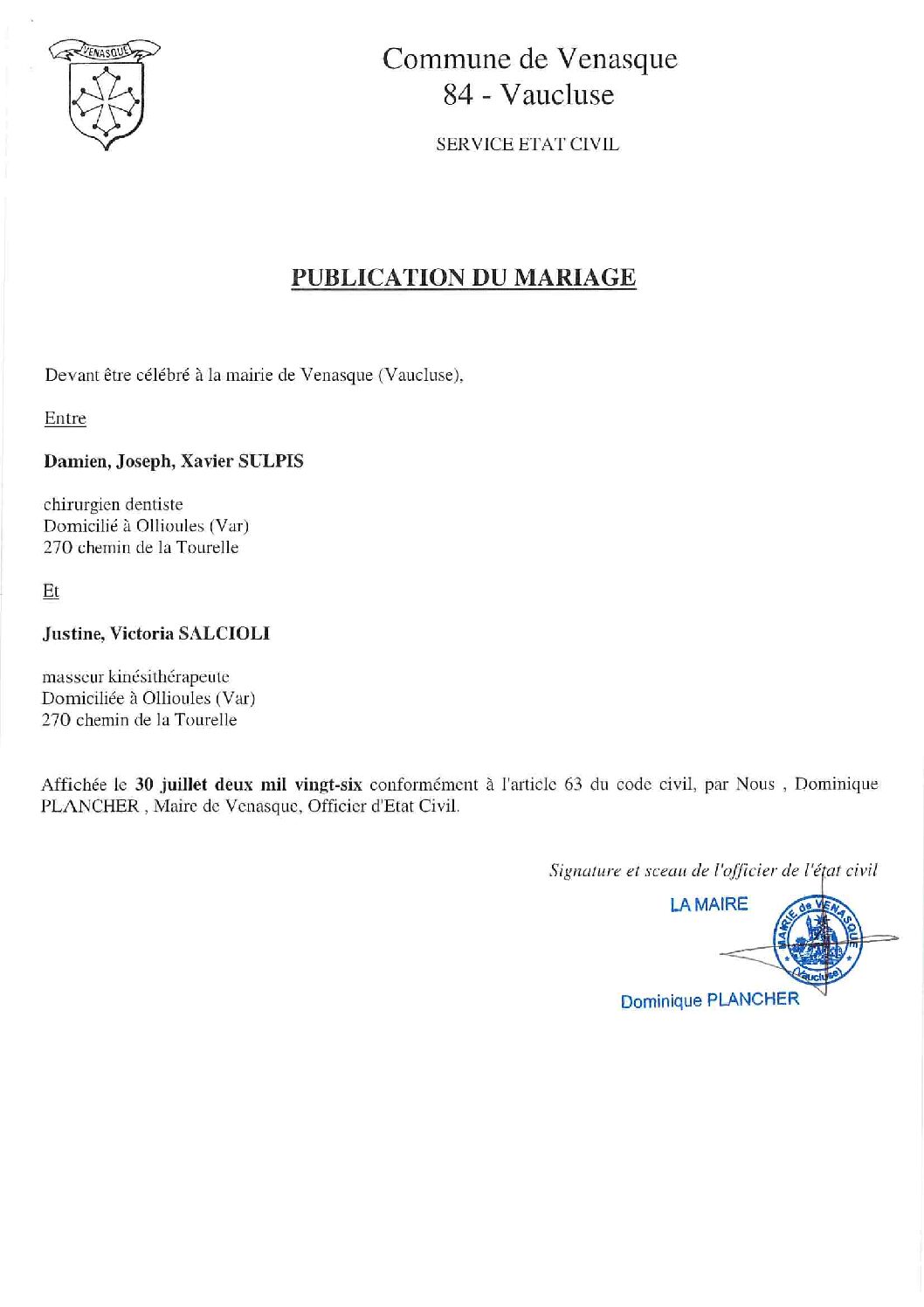 Publication de Mariage SULPIS / SALCIOLI