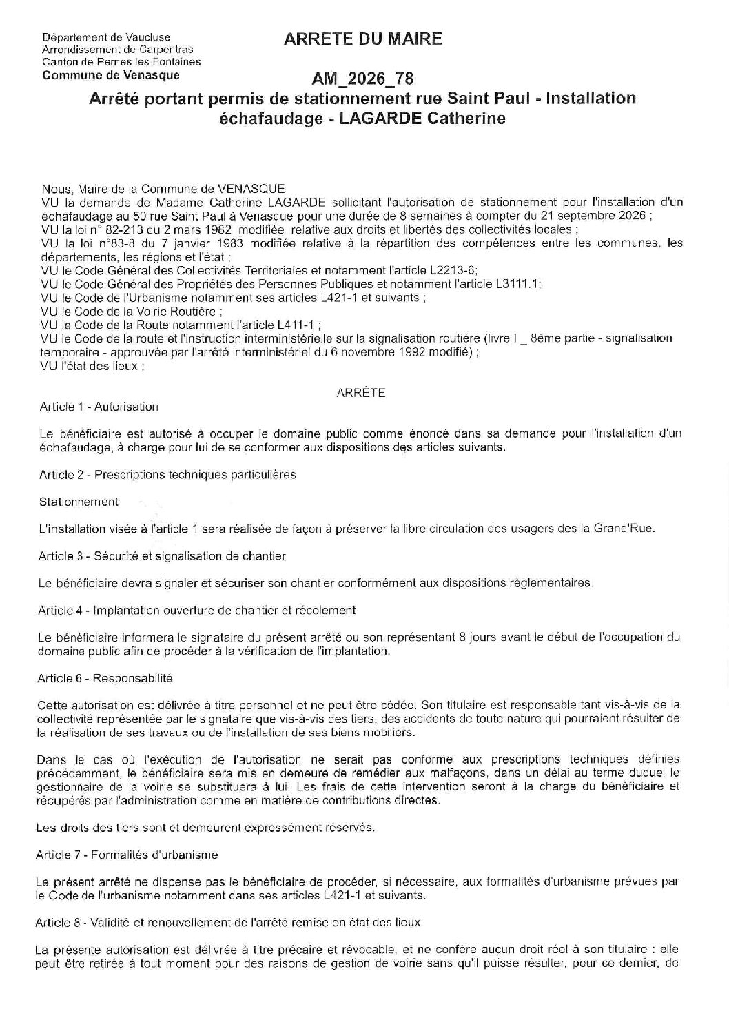 2026-78 Arrêté portant permis de stationnement rue Saint Paul – Échafaudage – LAGARDE Catherine