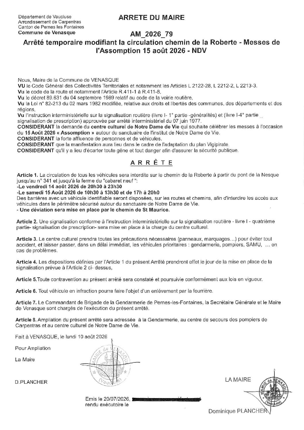 2026-79 Arrêté temporaire modifiant la circulation chemin de la Roberte – Messes de l&rsquo;Assomption 15 août 2026 – NDV