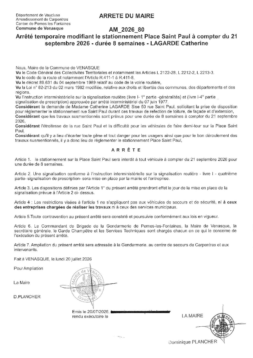 2026-80 Arrêté temporaire modifiant le stationnement Place Saint Paul à compter du 21 septembre 2026 – durée 8 semaines – LAGARDE Catherine