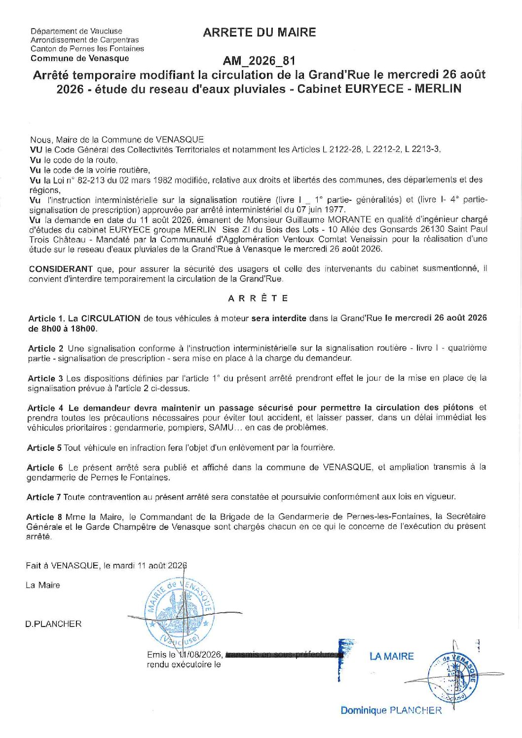 2026-81 Arrêté temporaire modifiant la circulation de la Grand&rsquo;Rue le mercredi 26 août 2026 – Étude du reseau d&rsquo;eaux pluviales – Cabinet EURYCE – MERLIN