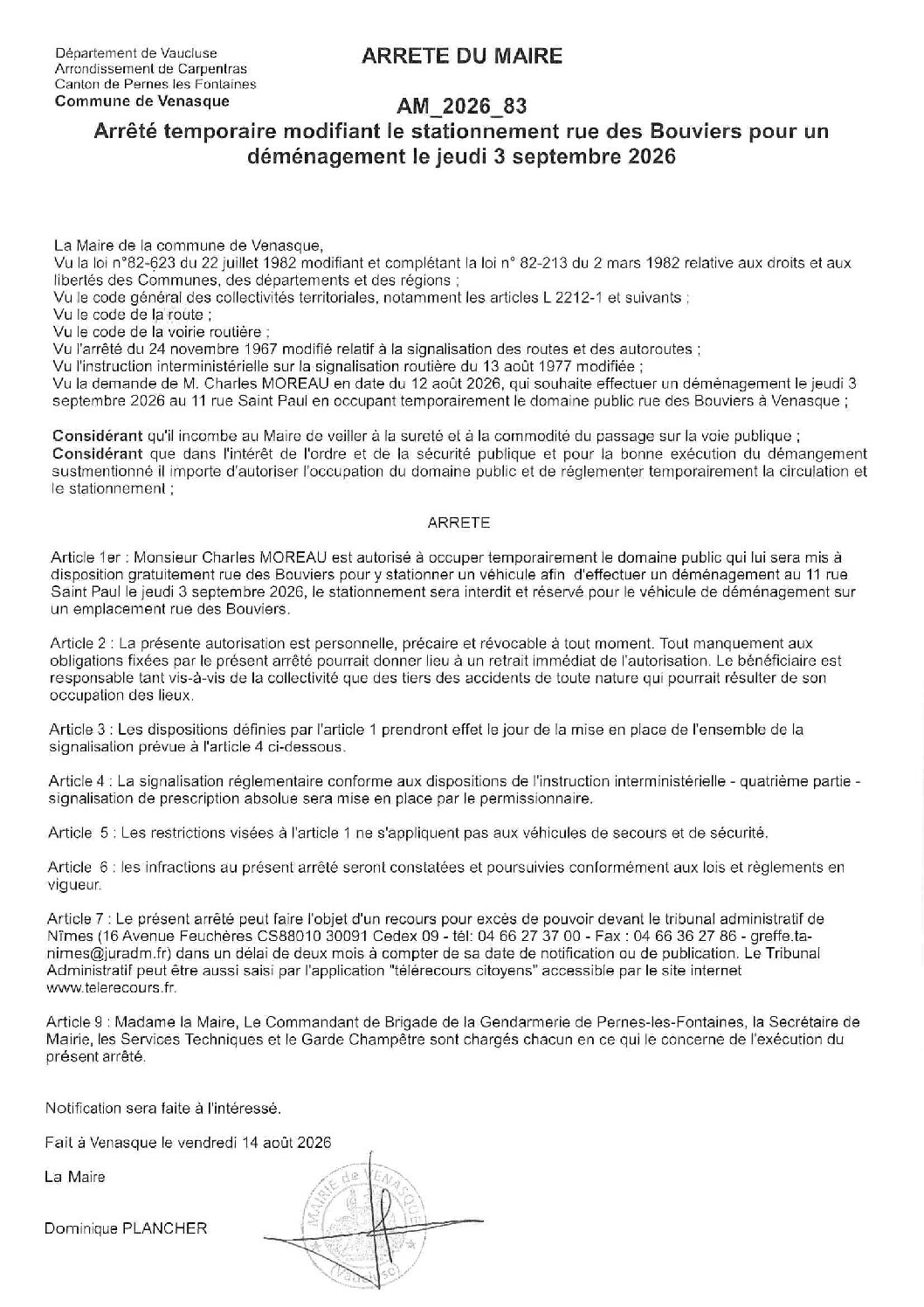 2026-83 Arrêté temporaire modifiant le stationnement rue Bouviers – Déménagement le jeudi 3 septembre 2026
