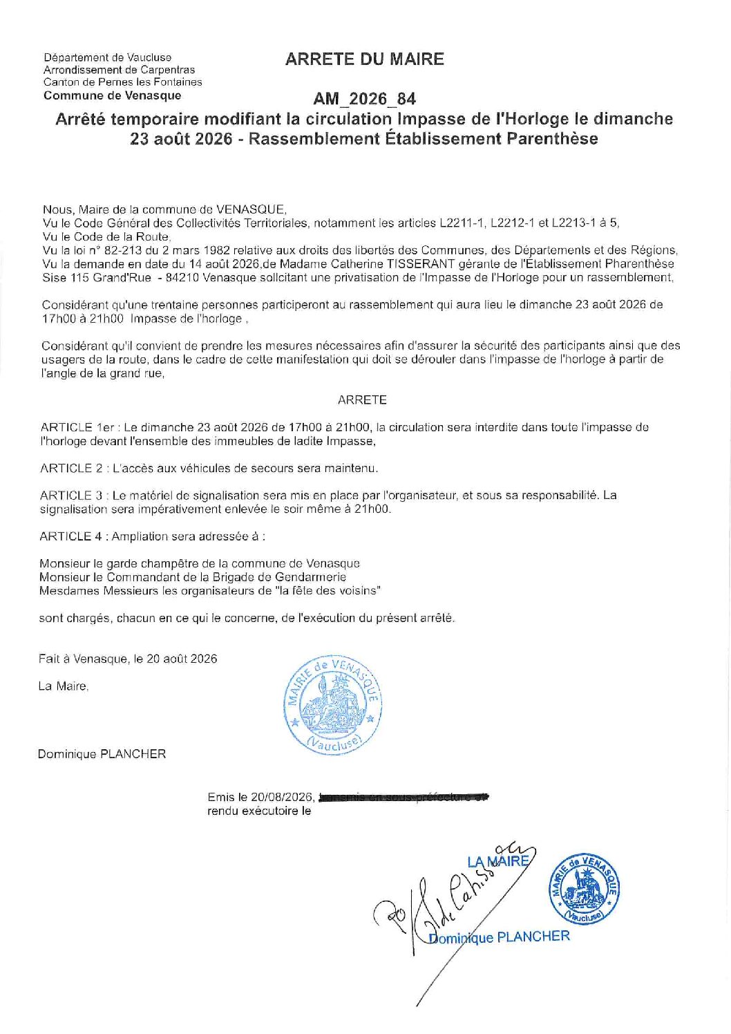 2026-84 Arrêté temporaire modifiant la circulatin dans l&rsquo;Impasse de l&rsquo;Horloge le dimanche 23 août 2026 – Établissement Parenthèse