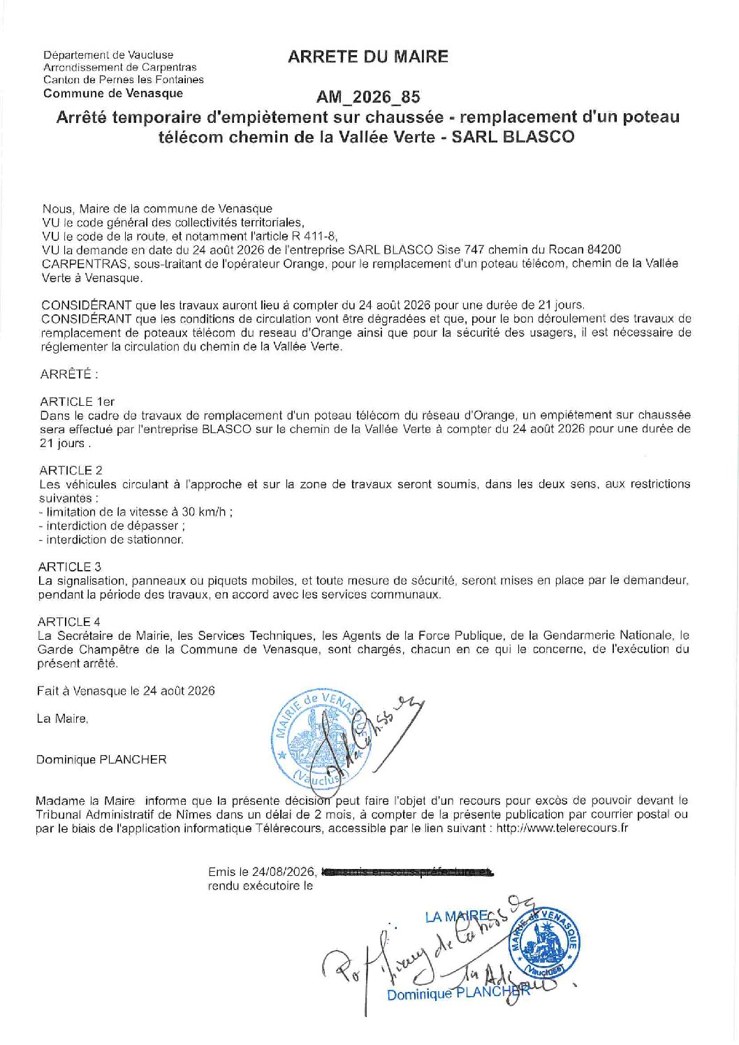2026-85 Arrêté temporaire d’empiètemen sur chaussée – Remplacement d&rsquo;un poteaut télécom chemin de la Vallée Verte -SARL BLASCO