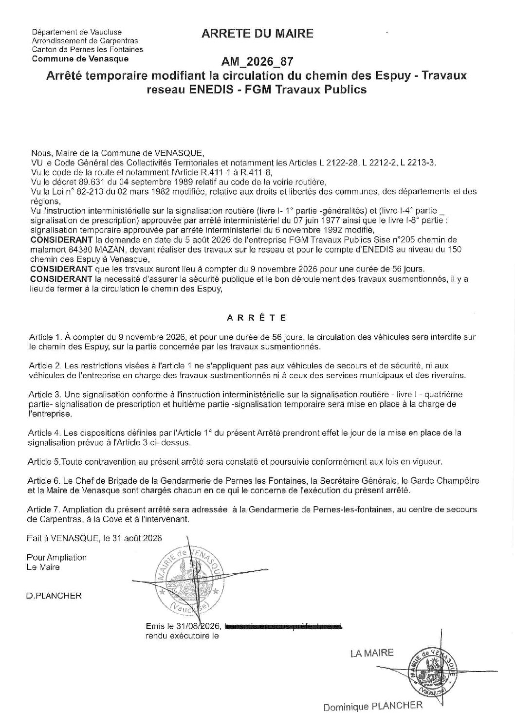 2026-85 Arrêté temporaire d’empiètemen sur chaussée – Remplacement d&rsquo;un poteaut télécom chemin de la Vallée Verte -SARL BLASCO