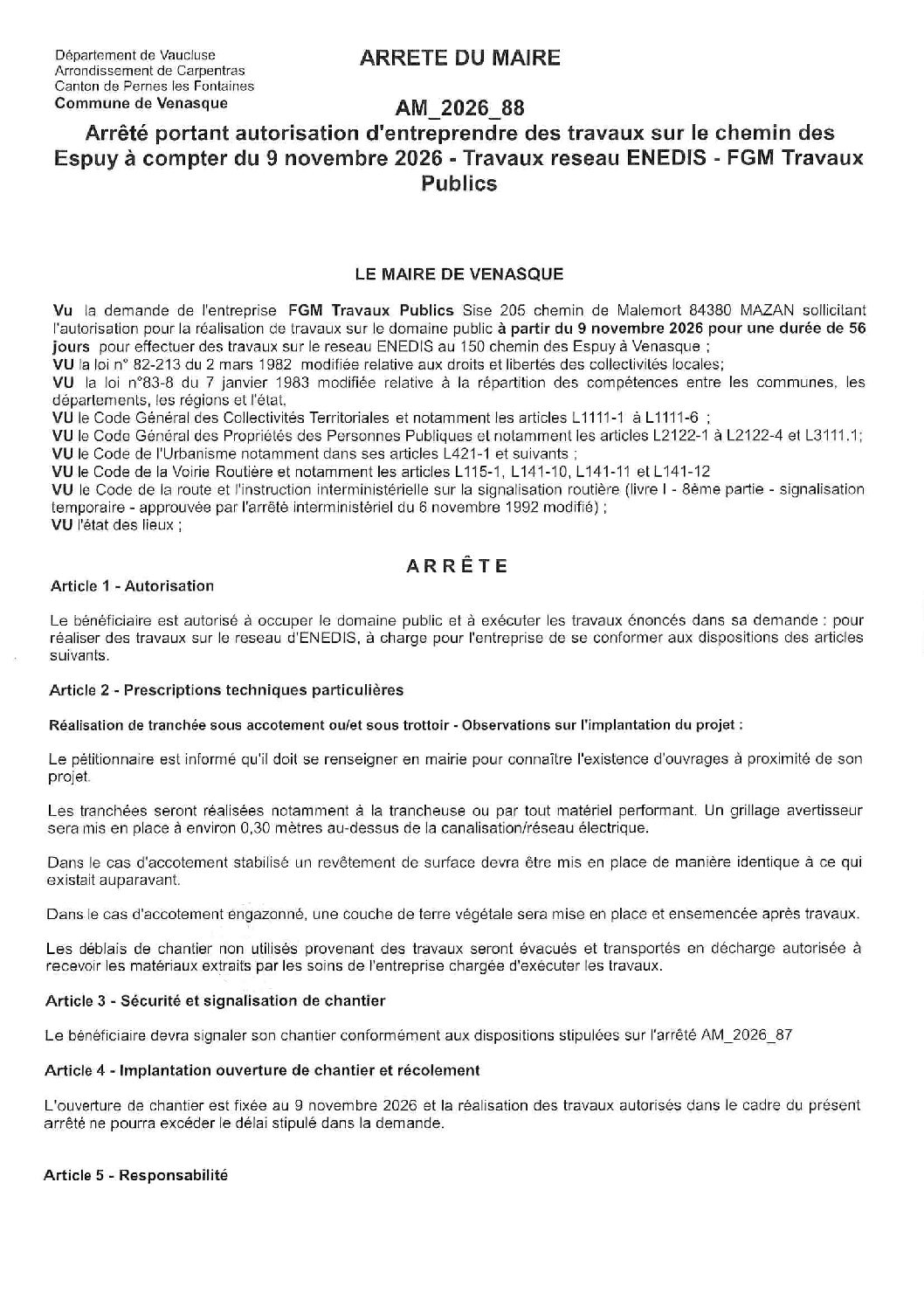 2026-88 Arrêté portant autorisation d&rsquo;entreprendre des travaux sur le chemin des Espuy à compter du 9 novembre 2026 – Travaux ENEDIS – FGM Travaux Publics