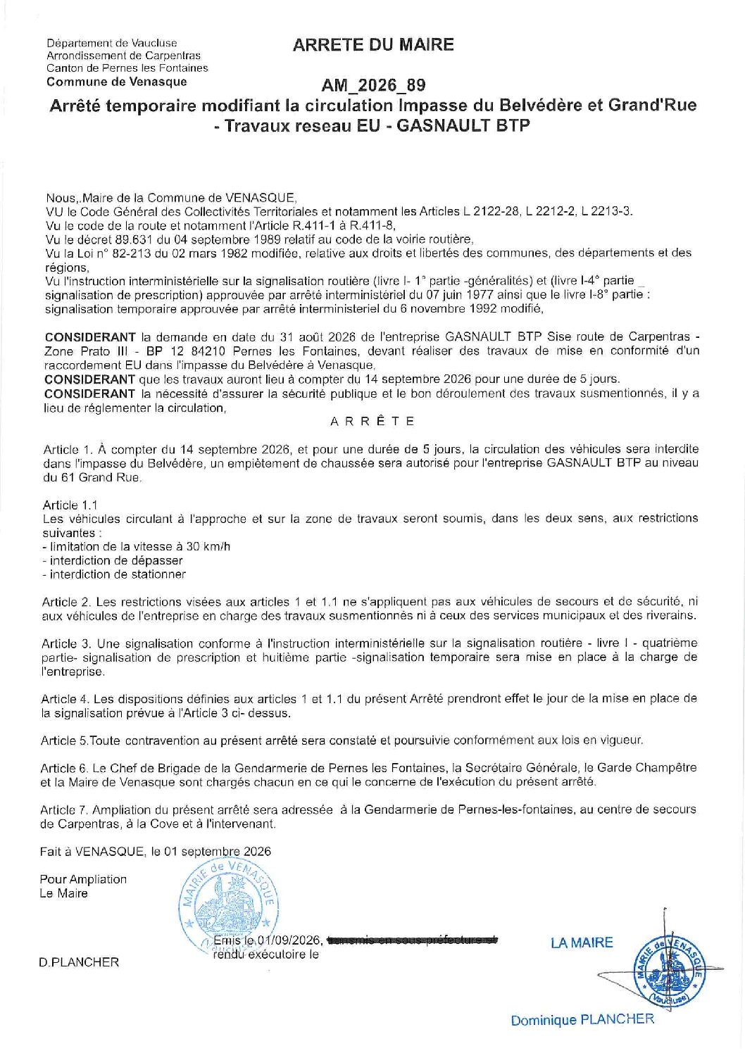 2026-89 Arrêté temporaire modifiant la circulation Impasse du Belvédère et Grand&rsquo;Rue – Travaux reseau EU – GASNAULT BTP