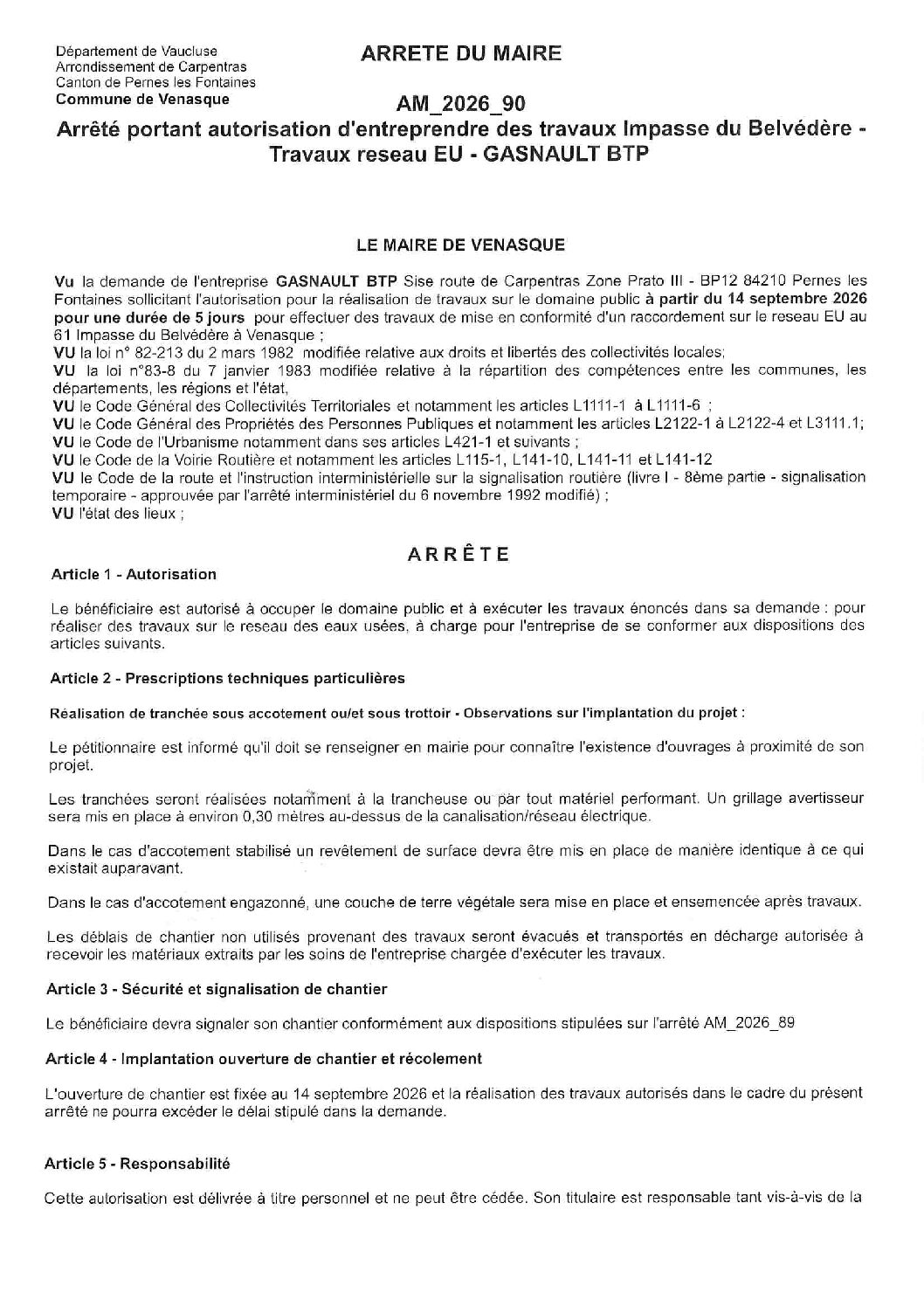 2026-90 Arrêté portant autorisation d&rsquo;entreprendre des travaux Impasse du Belvédère – Travaux reseau EU – GASNAULT BTP