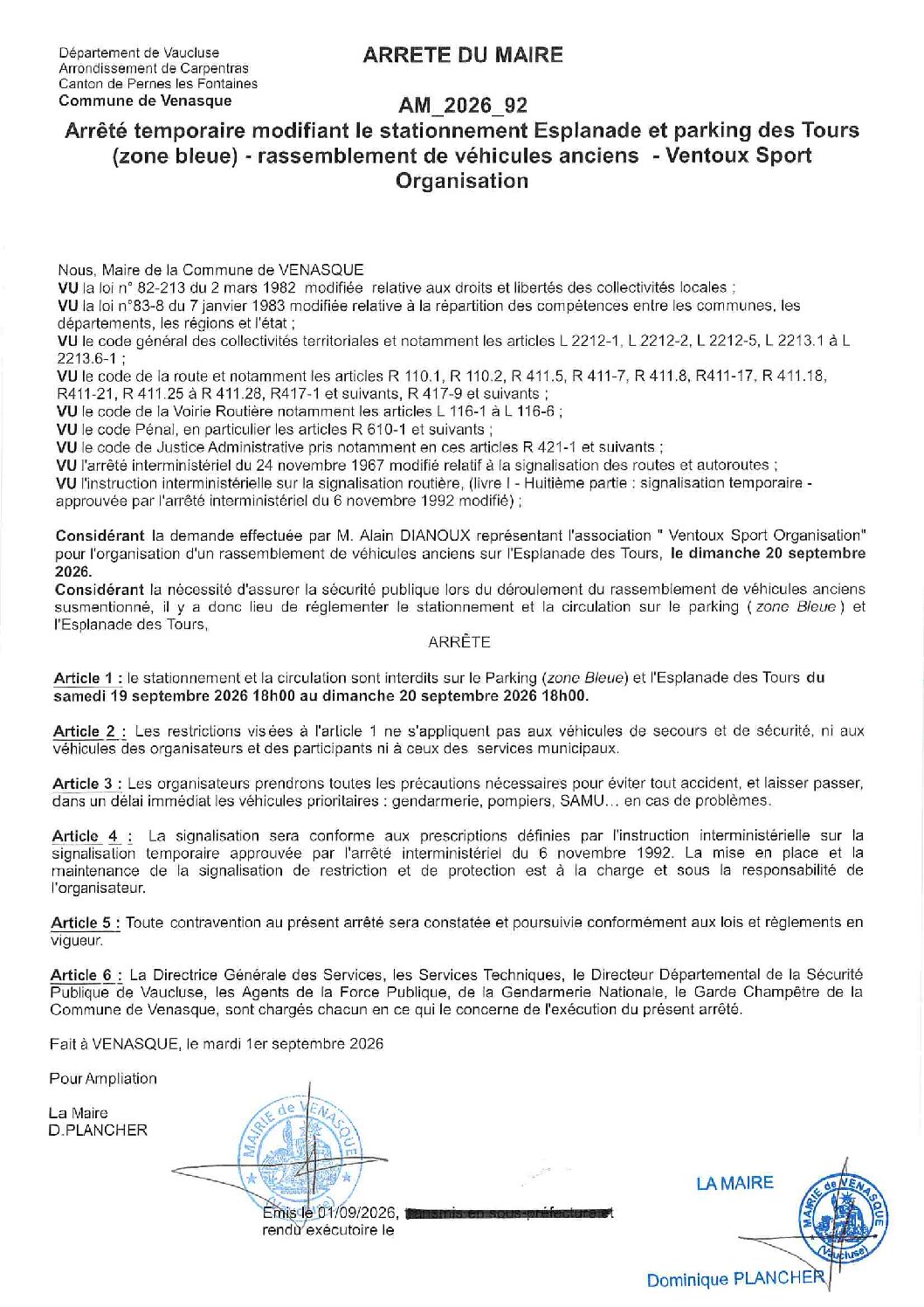 2026-92 Arrêté temporaire modifiant le stationnement Esplanade et parking des Tours – Rassemblement véhicules anciens – Ventoux Sport Organisation