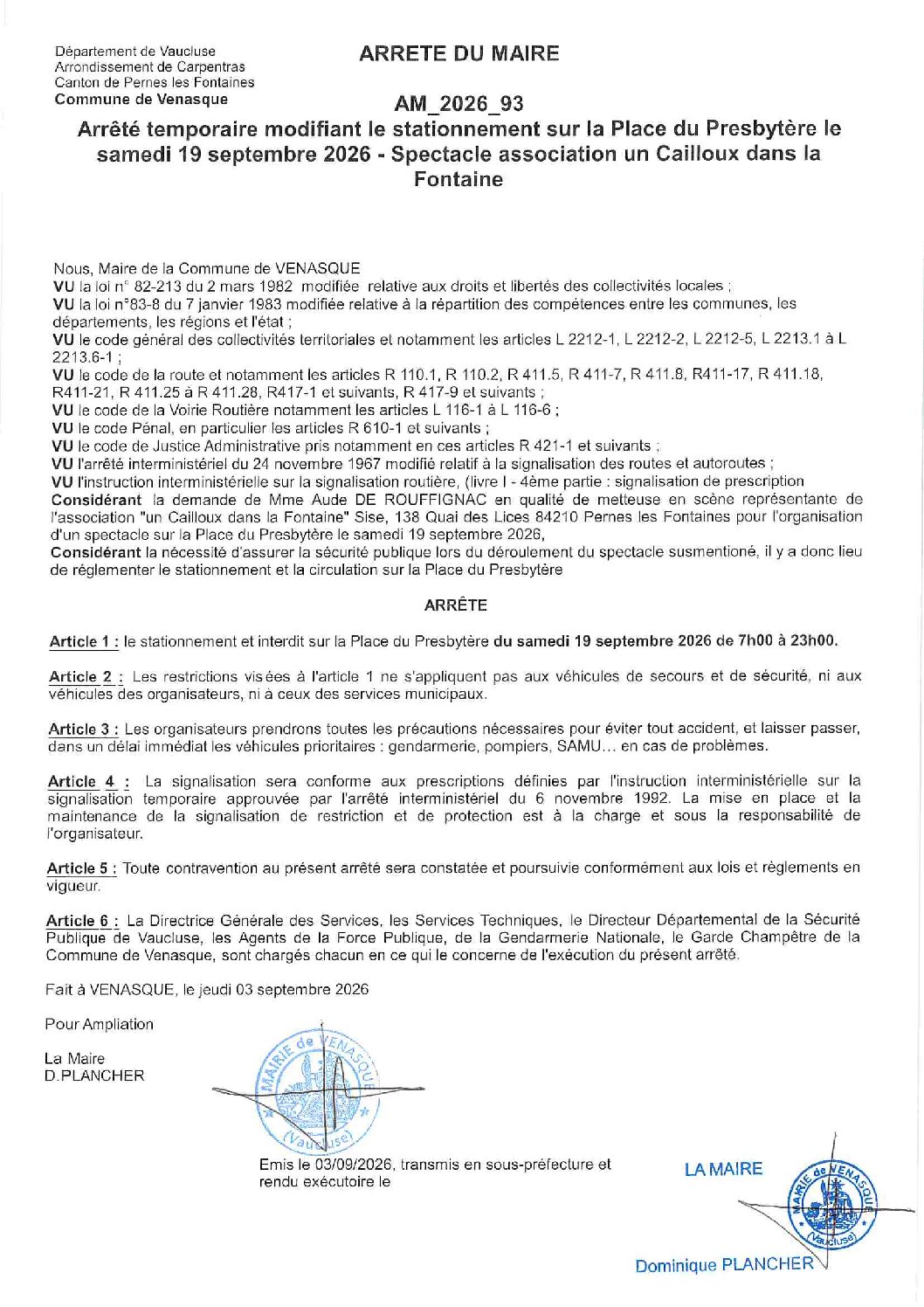 2026-93 Arrêté temporaire modifiant le stationnement sur la Place du Presbytère le samedi 19 septembre 2026 – Spectacle Association un Cailloux dans la Fontaine