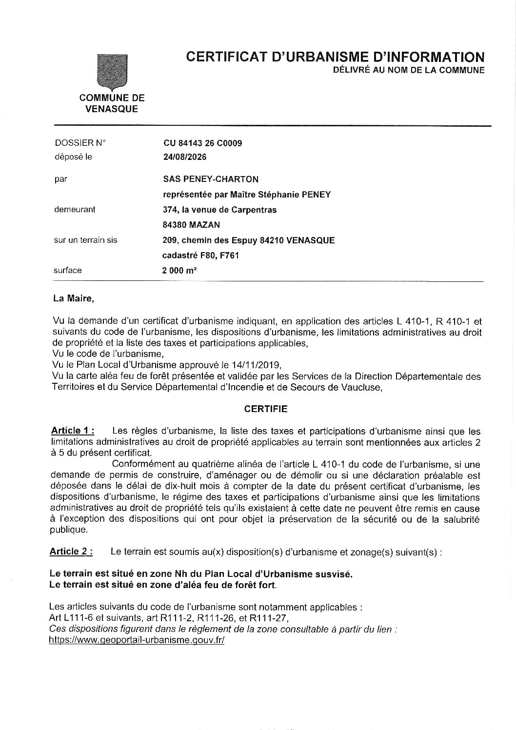 Arrêté de décision du certificat d’urbanisme d’information n° CU 084 143 26 C0009