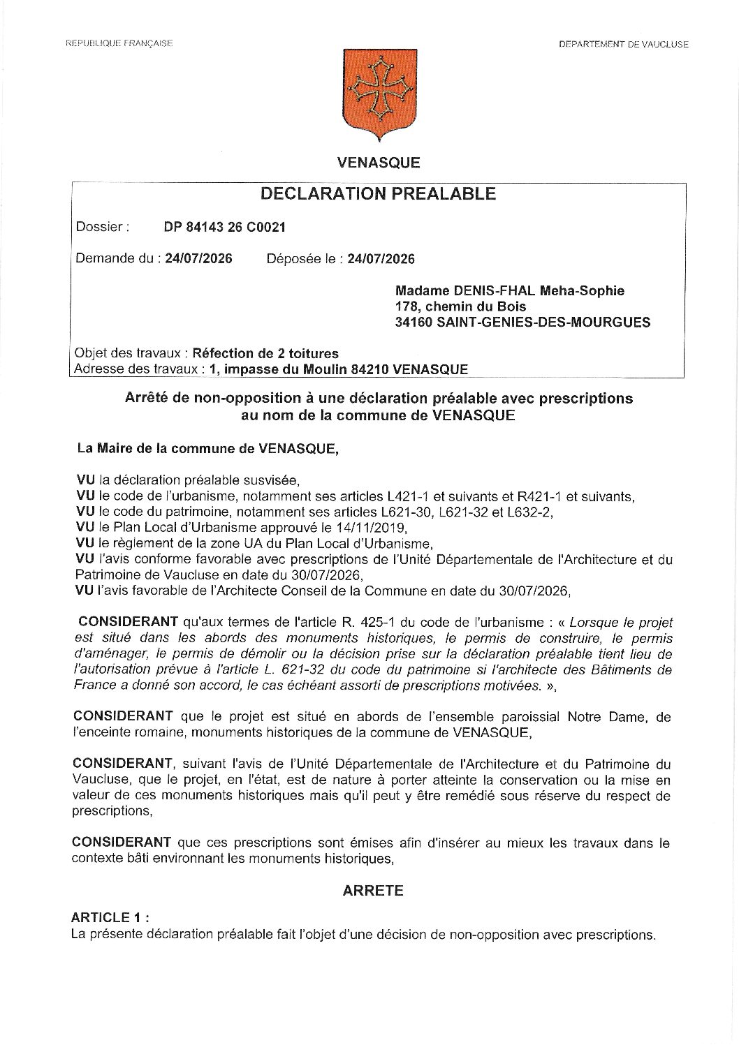 Arrêté de décision d’urbanisme d’une déclaration d’urbanisme n° DP 084 143 26 C0021