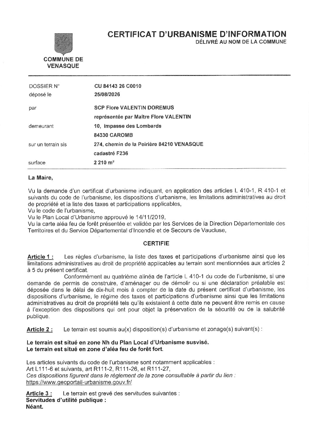 Arrêté de décision d’urbanisme réponse CU d’informations n° CU 084 143 26 C0010