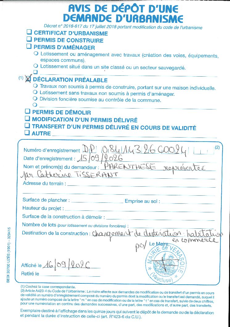 Avis de dépôt d&rsquo;une demande de Déclaration Préalable n°084 143 26 C0024