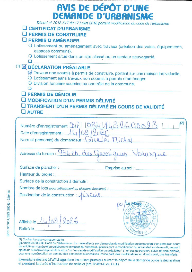 Avis de dépôt d&rsquo;une demande de déclaration préalable n°DP 084 143 26 C0023