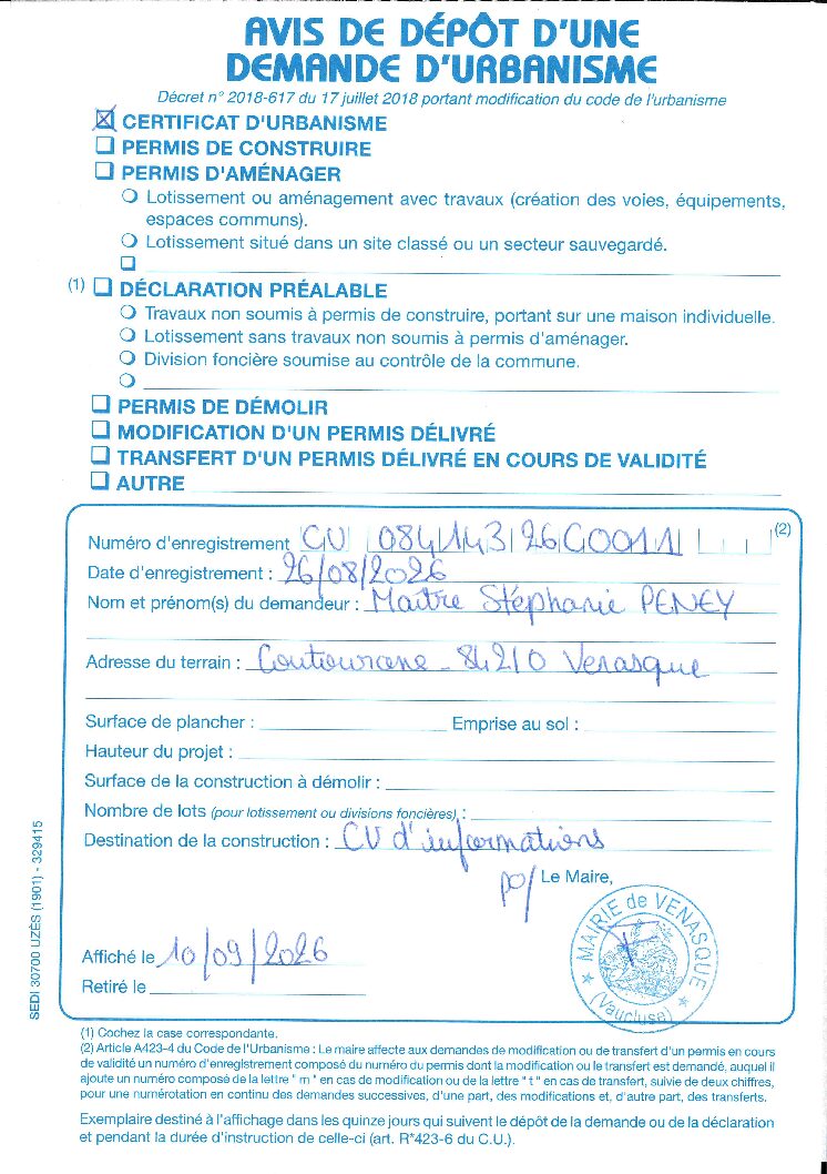 Avis dépôt d&rsquo;une demande de certificat d&rsquo;urbanisme d&rsquo;informations n° CU 084 143 26 C0011