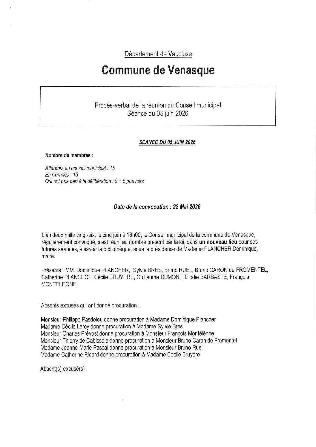 PV de la réunion du Conseil municipal séance du 05 juin 2026
