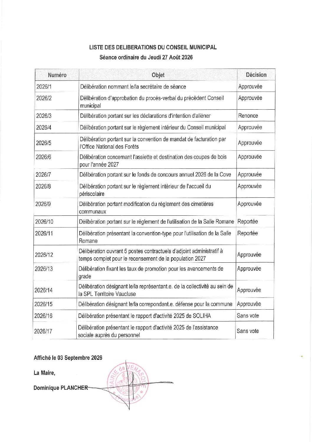 Liste des délibérations du Conseil municipal, séance ordinaire du jeudi 27 août 2026