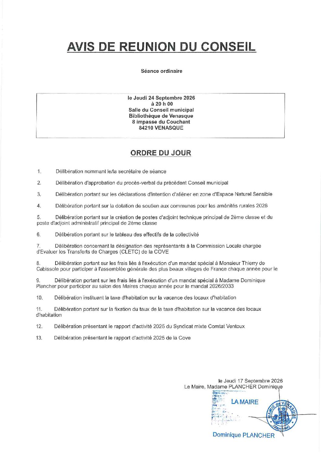 Avis de réunion du Conseil, séance ordinaire le jeudi 24 septembre 2026